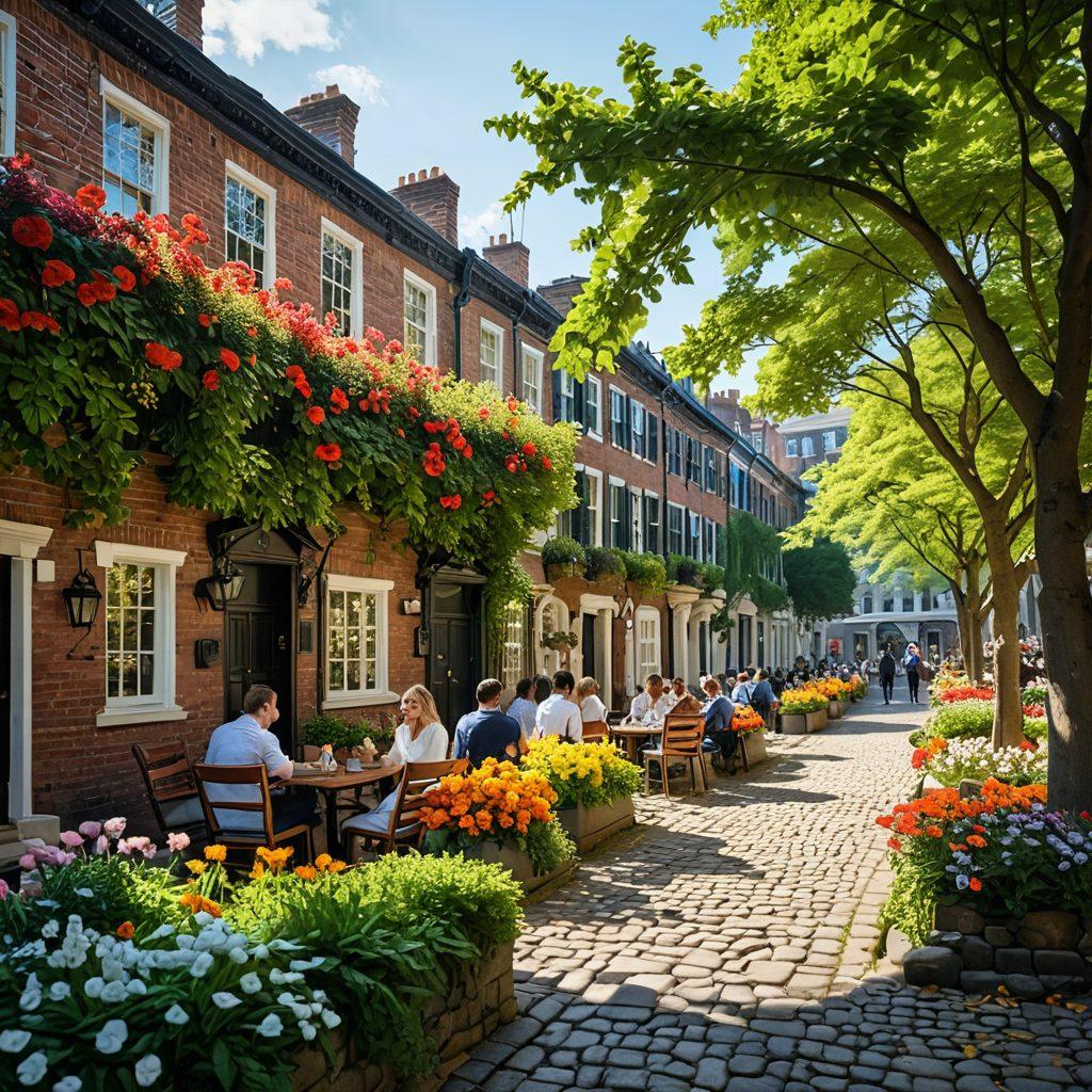 A serene Georgian terrace with beautiful architecture, adorned with lush greenery and blooming flowers. In the foreground, a diverse group of people engaging in a friendly discussion, surrounded by floating icons representing online insurance solutions, like shields and checkmarks. Bright sunlight filters through the trees, casting gentle shadows on the cobblestone path. Overall, the scene conveys a sense of trust, community, and accessibility in insurance. vibrant colors. super-realistic.