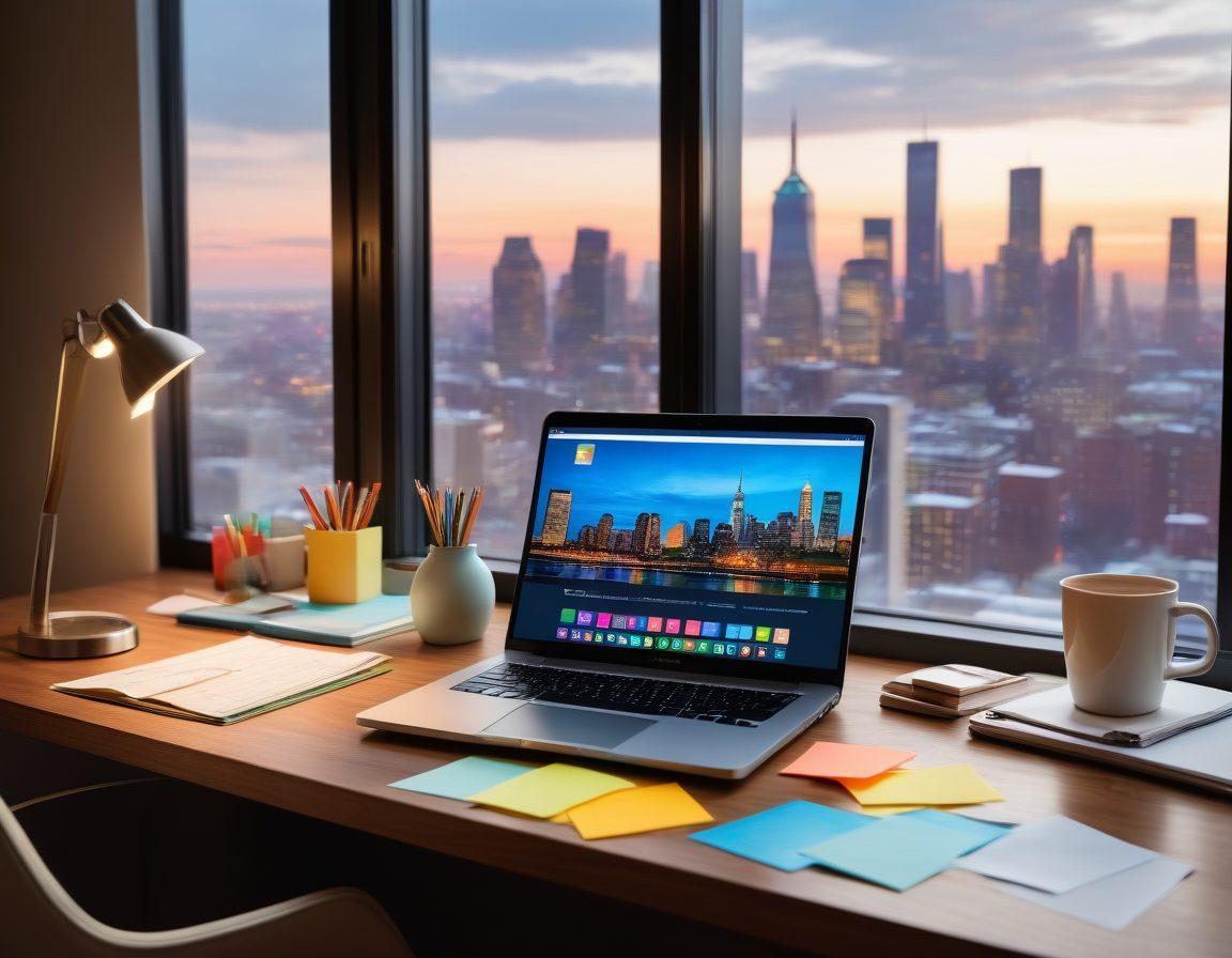 A modern desktop workspace featuring a laptop displaying an insurance comparison website, surrounded by colorful sticky notes with affordability tips. A warm light glowing from a nearby lamp creates a cozy atmosphere, while papers with insurance terms and a coffee cup are placed on the desk. The background shows a window with a scenic view of a city skyline, symbolizing protection and clarity in decision-making. vibrant colors. super-realistic.